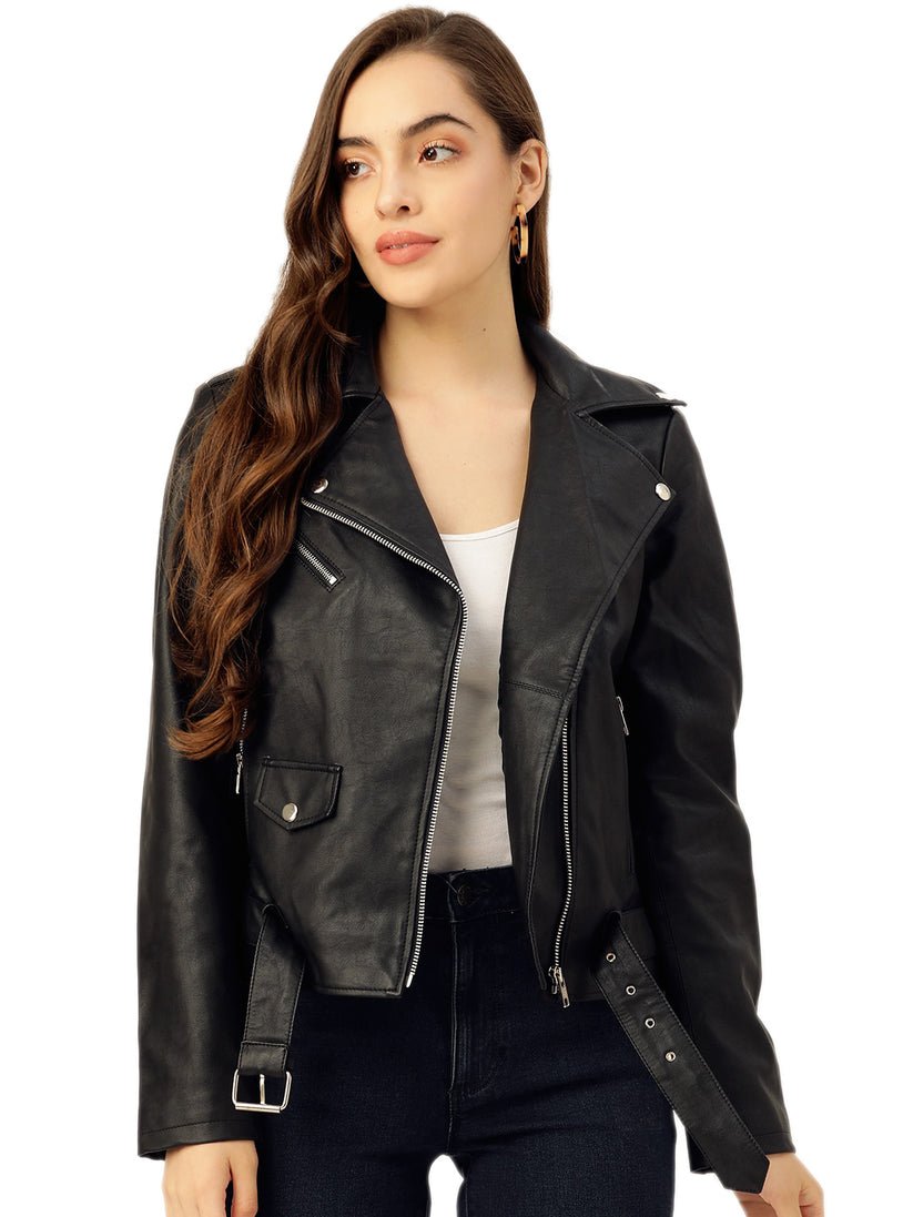 Women's Solid Full sleeve Biker Style Jacket
