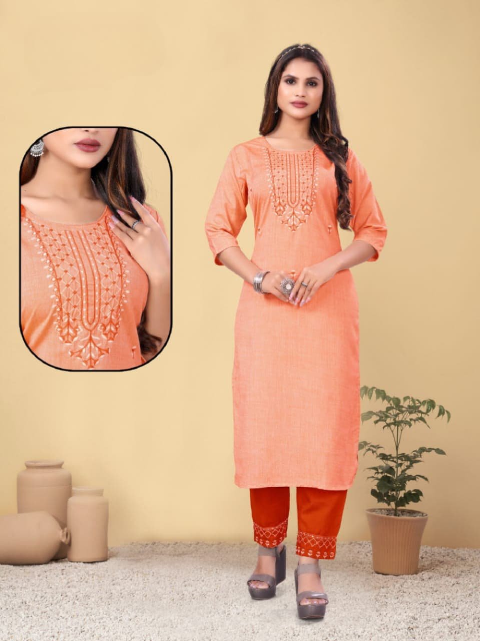 Women Embroidery Work Long Kurti with Bottom