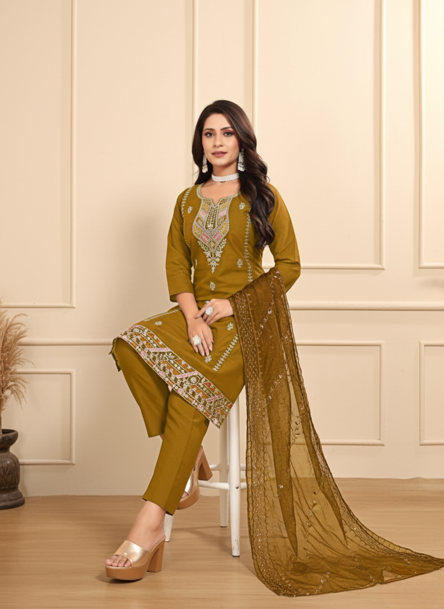 Women Embroidery Kurta Suit Set (Olive green)