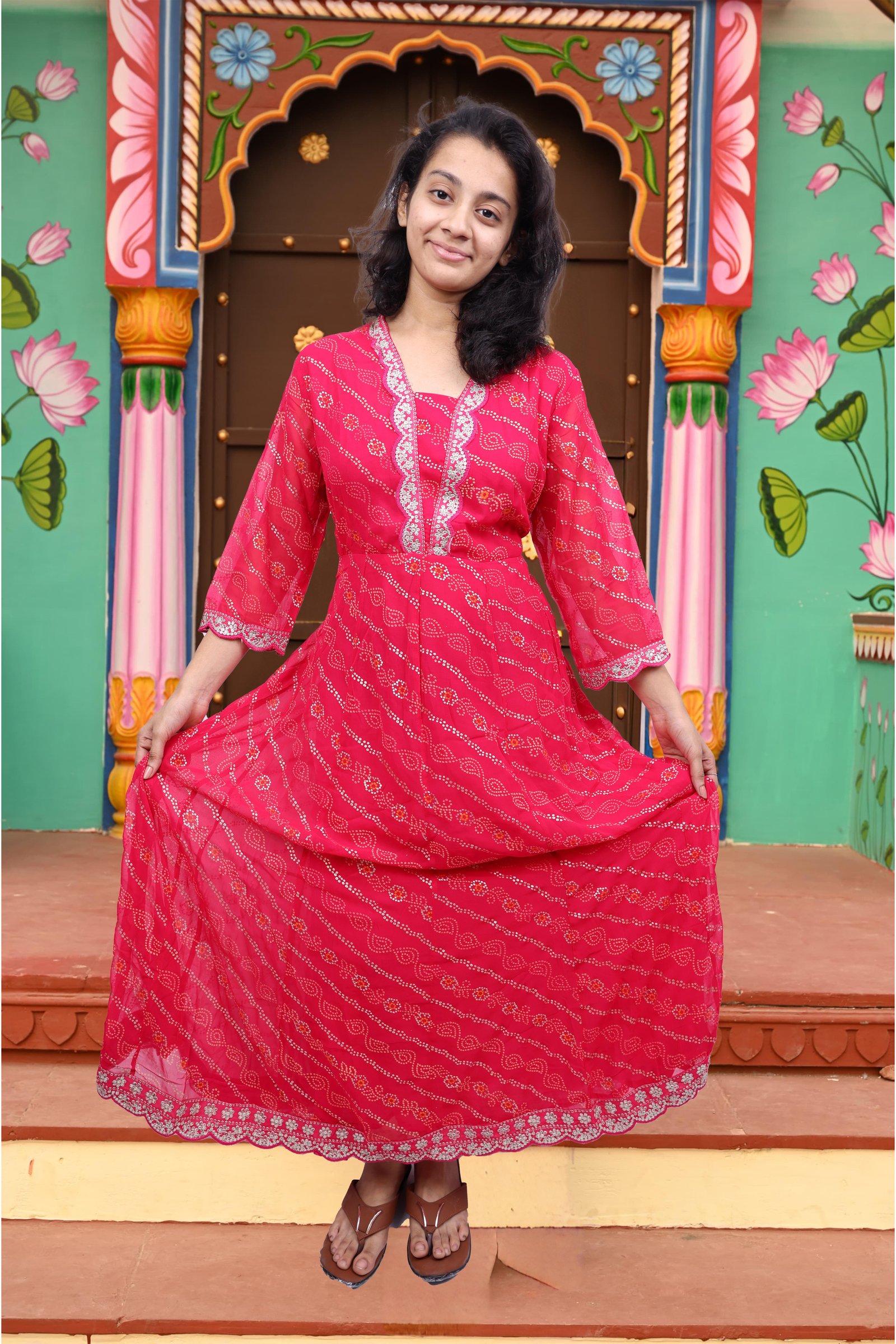 Premium Embrodiary Bandhani Printed Long Gown