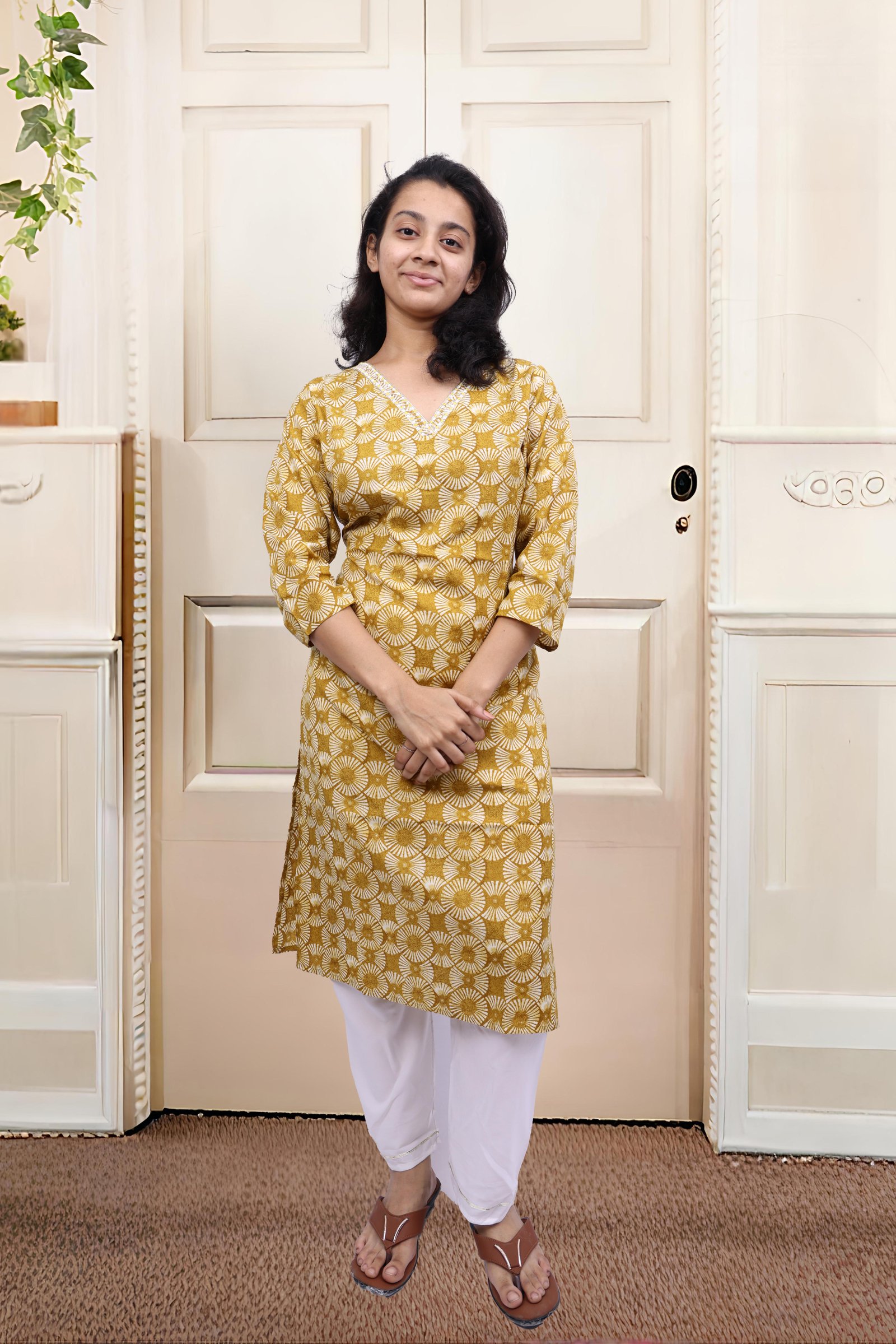 Yellow V-Neck Stright Printed Kurti