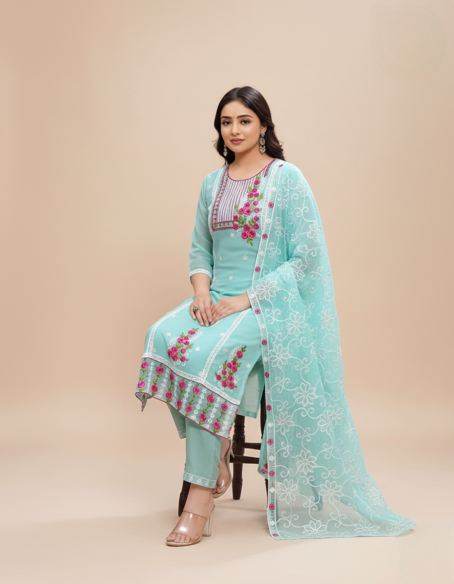 Premium Embroidery Work 3 Piece Kurti Suit Set