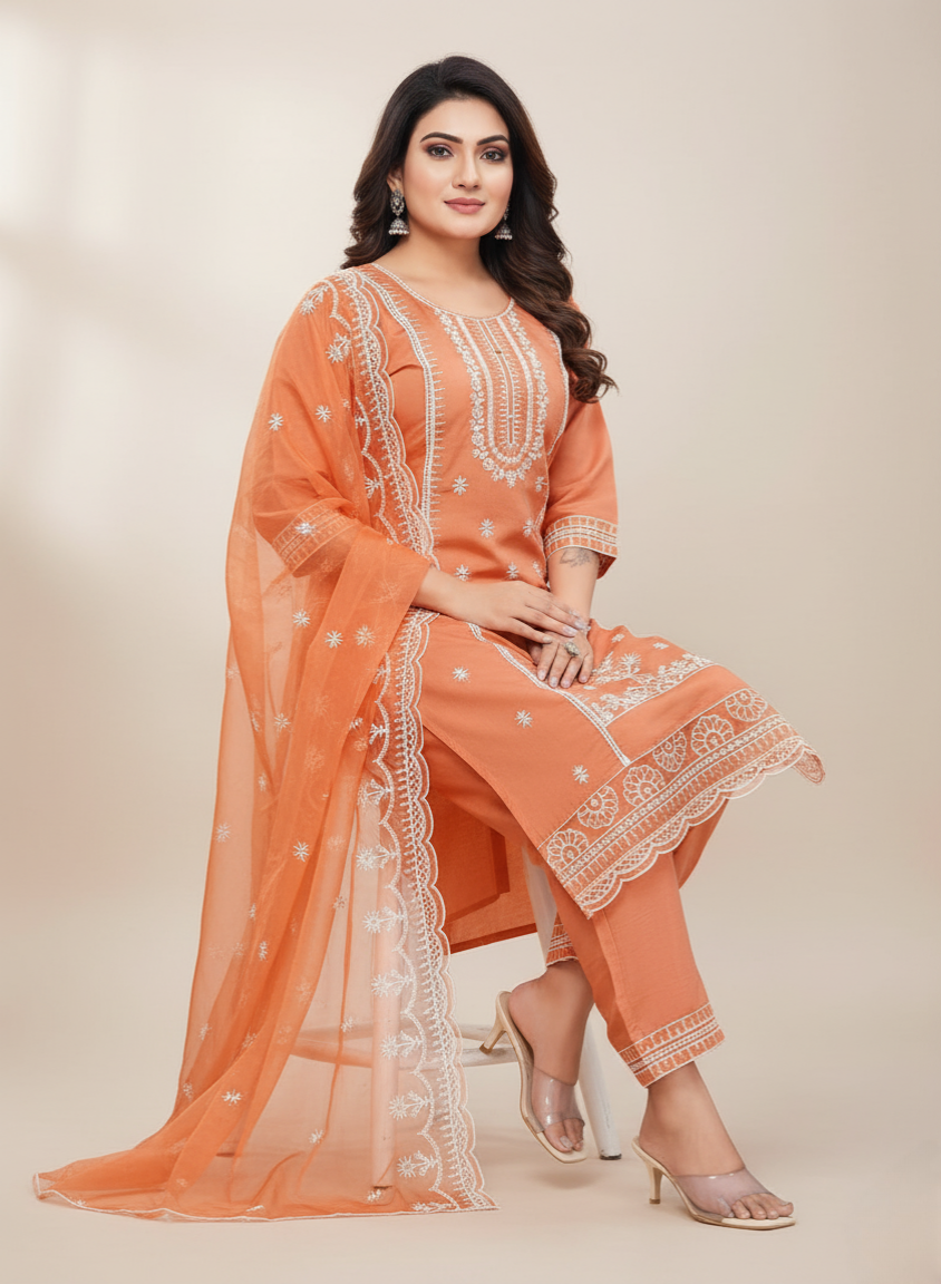 Women Embroidery Kurta Suit Set  (orange)