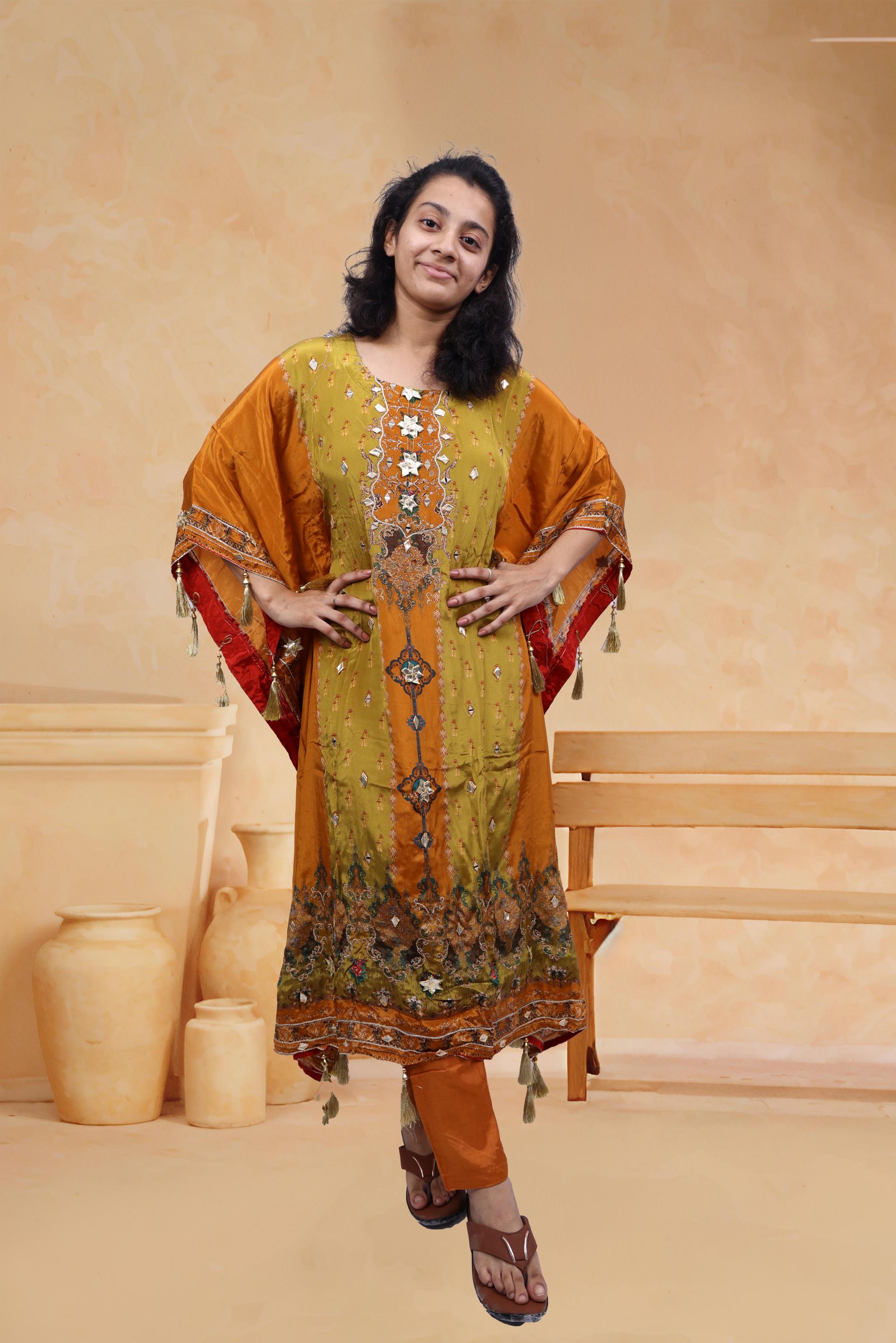 Women Multicolor Embroidery Kaftan Kurta with Bottom and Gota Work