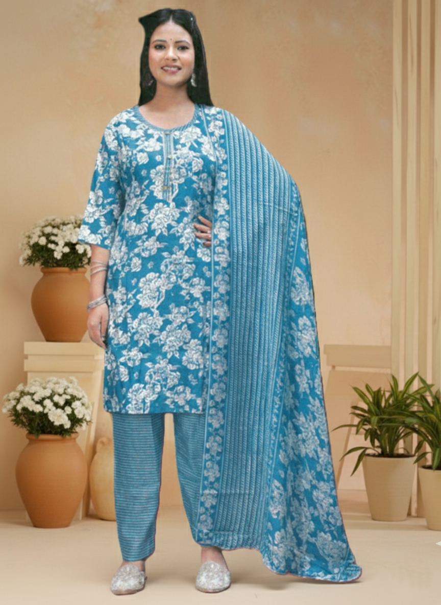 Blue and White Floral Printed Cotton Kurta With Bottom and Dupatta Set | Ethnic Kurta Set for Women (3 Piece Set)