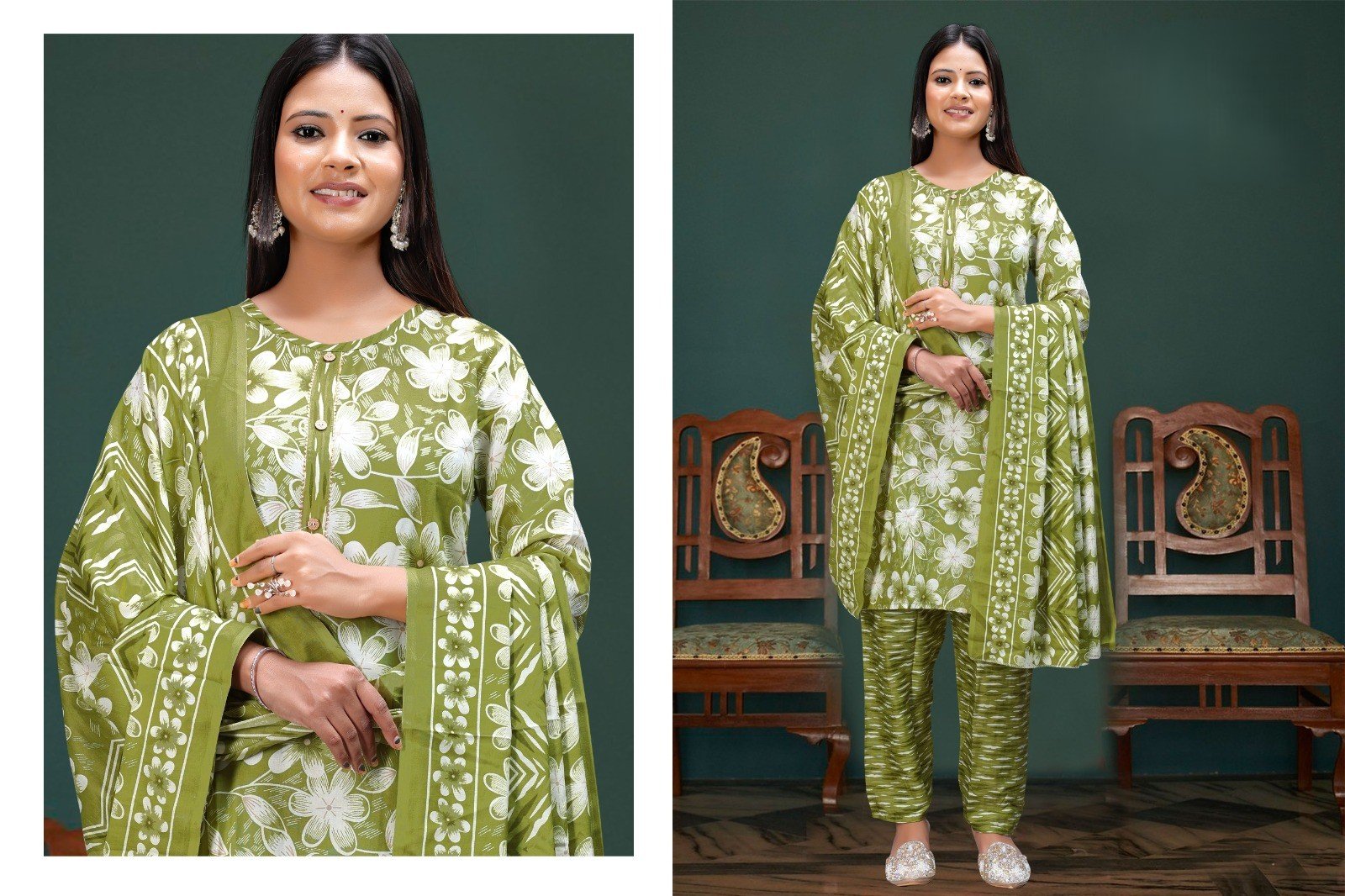 "  Women's Green Cotton Floral Printed Kurti & Pant with Dupatta Set | 3pcs kurti "