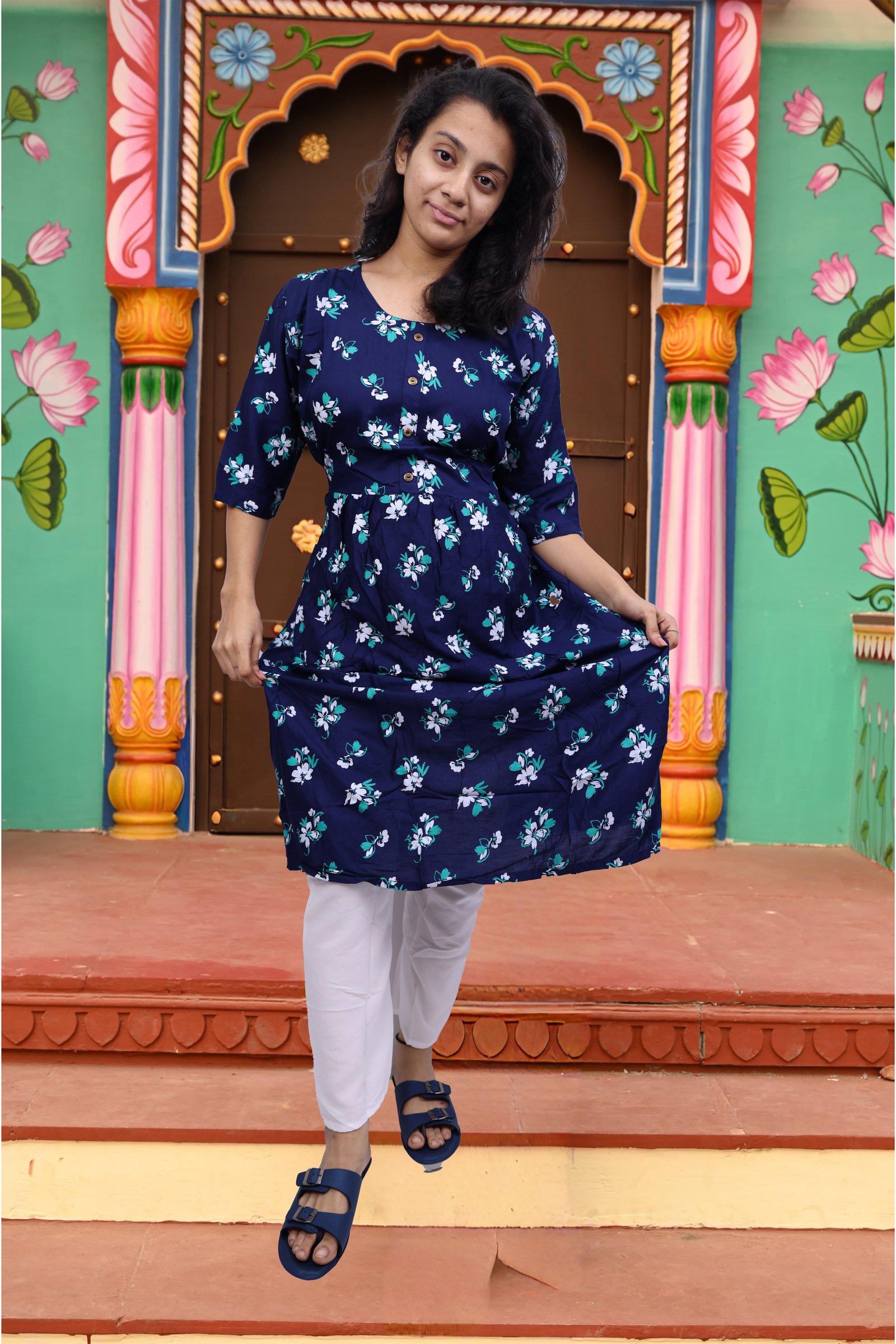 Women Cotton Frock Kurti (Dark Blue)