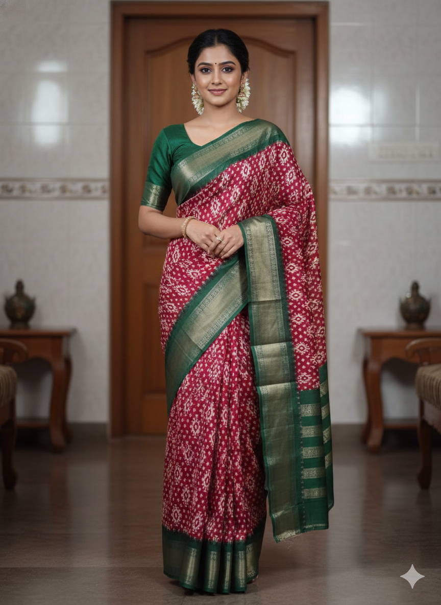 Red ikat woven saree with green & gold zari border online
