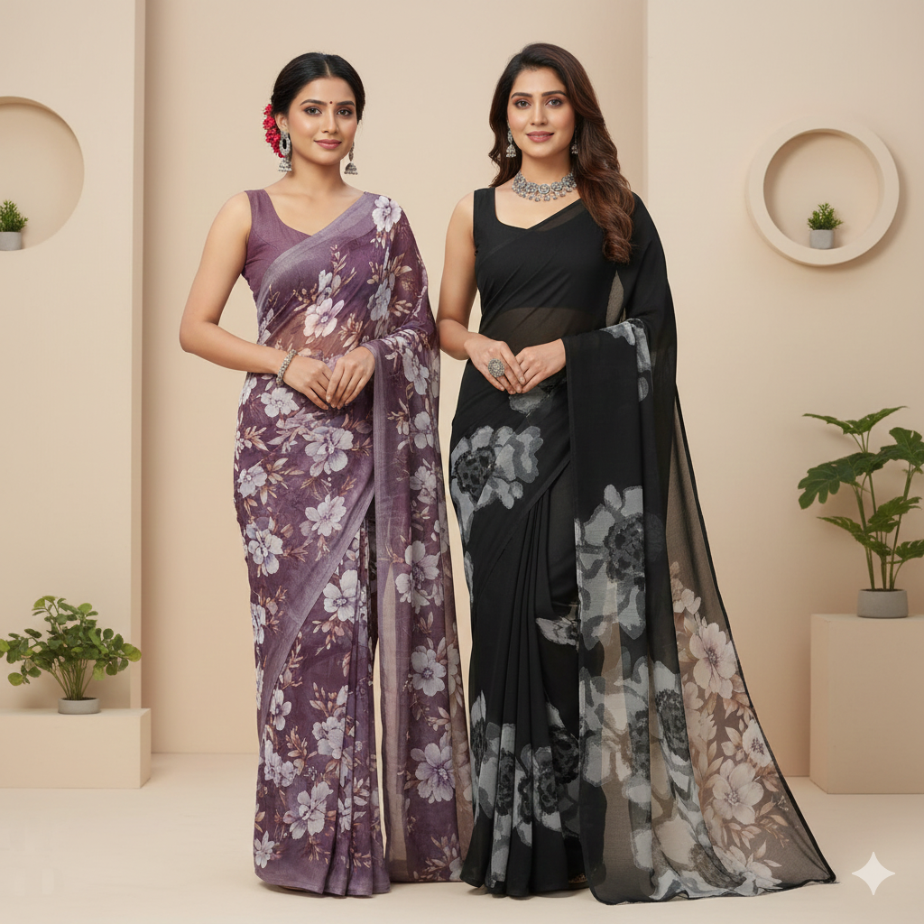 Women’s Floral Printed Saree Combo – Purple & Black Soft Georgette