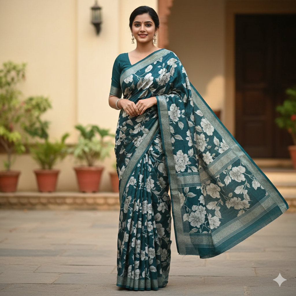 Women Teal Green Floral Printed Saree with Blouse Piece