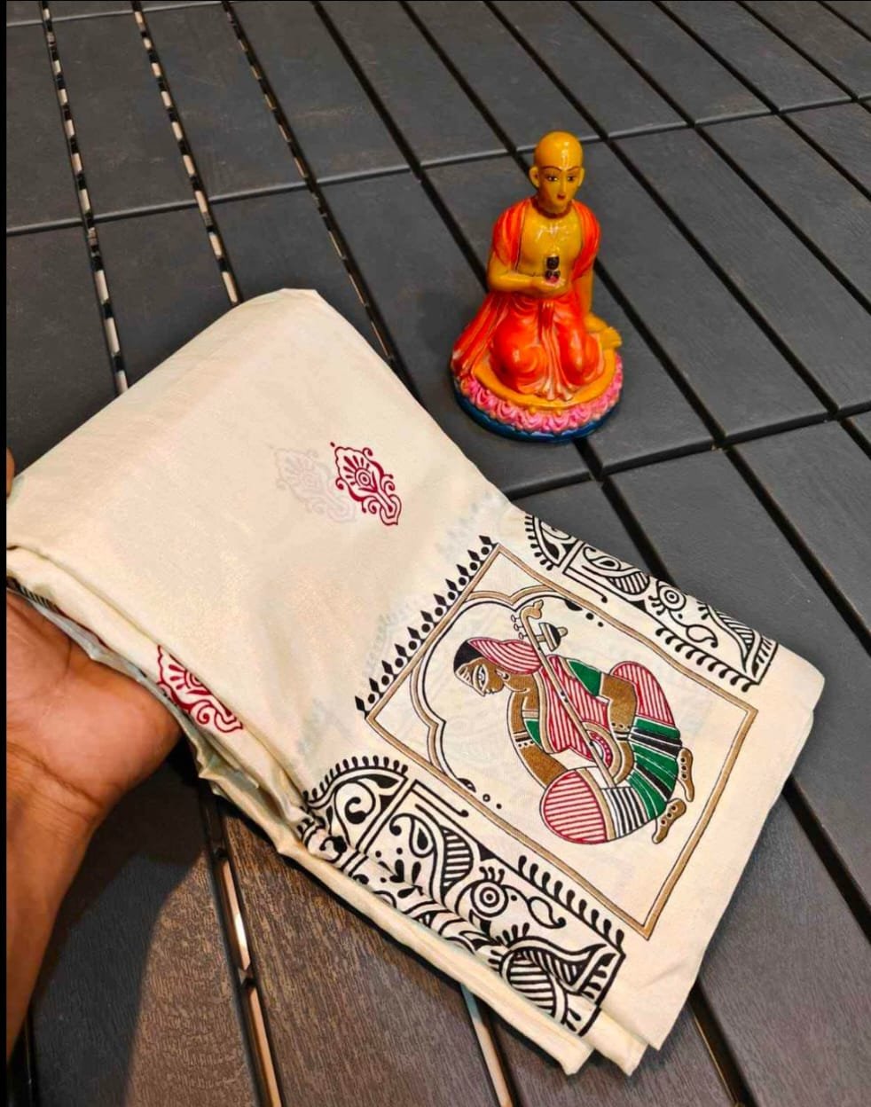 Beige Tussar Silk Saree with Multicolored Madhubani Fish Motifs with Geometric Borders – Handcrafted Elegance