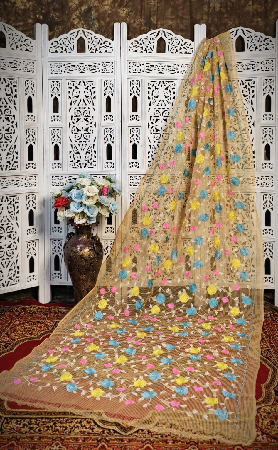 Beige Resham Kota Silk Saree with Hand Embroidered Multicolor Floral Motifs – No Blouse Piece