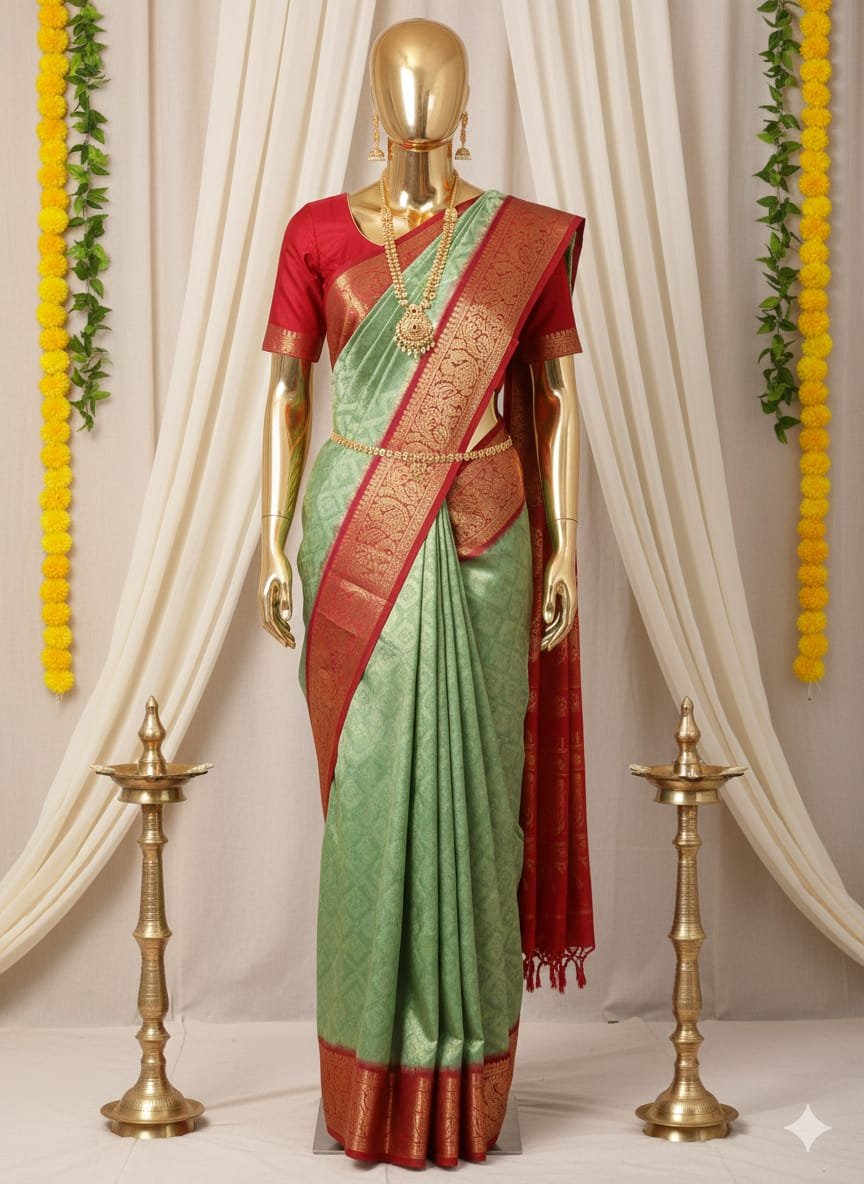Mint Green Traditional Kanchipuram Silk Saree With Contrast Red Zari Border