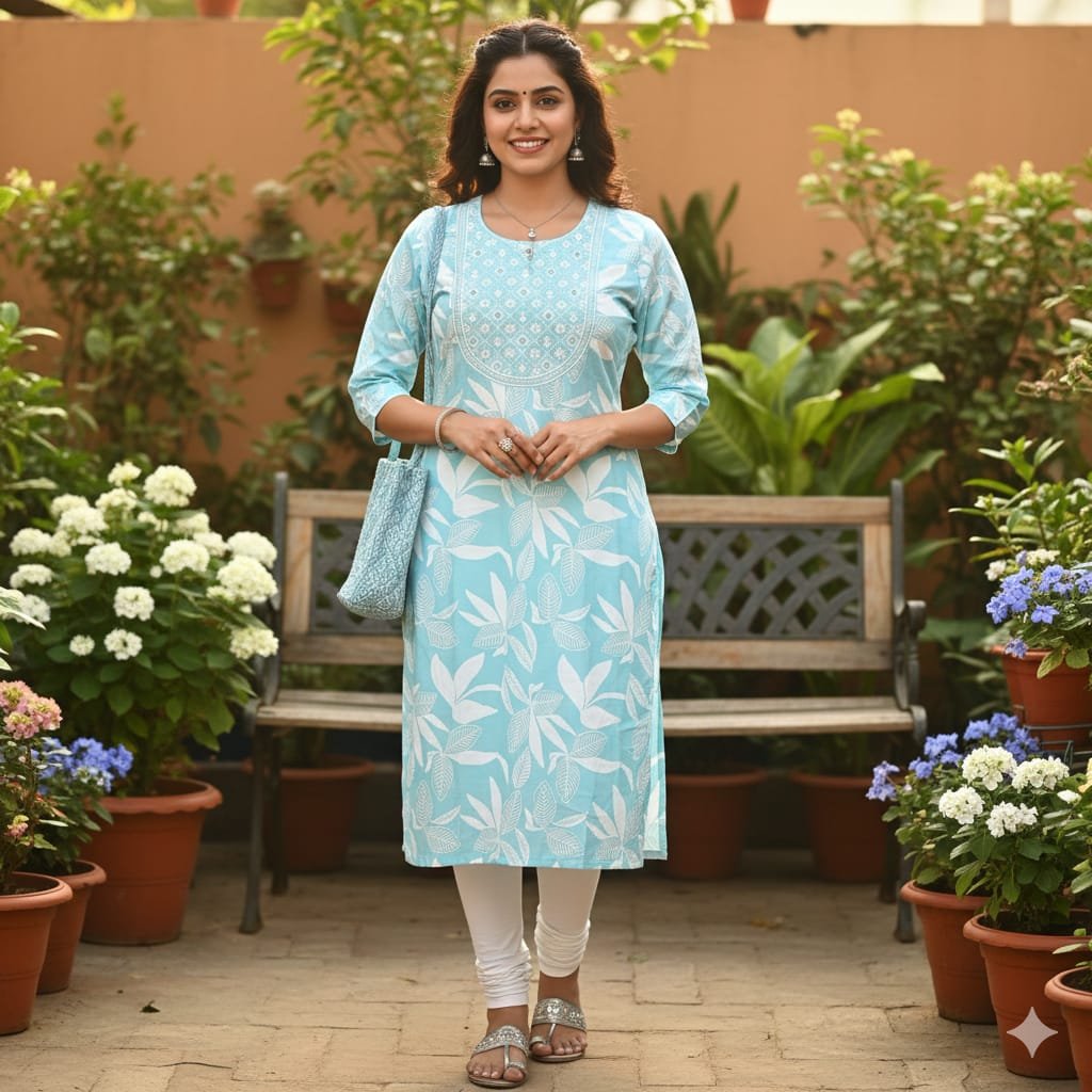 Aqua Blue Leaf Printed Cotton Kurti For Women