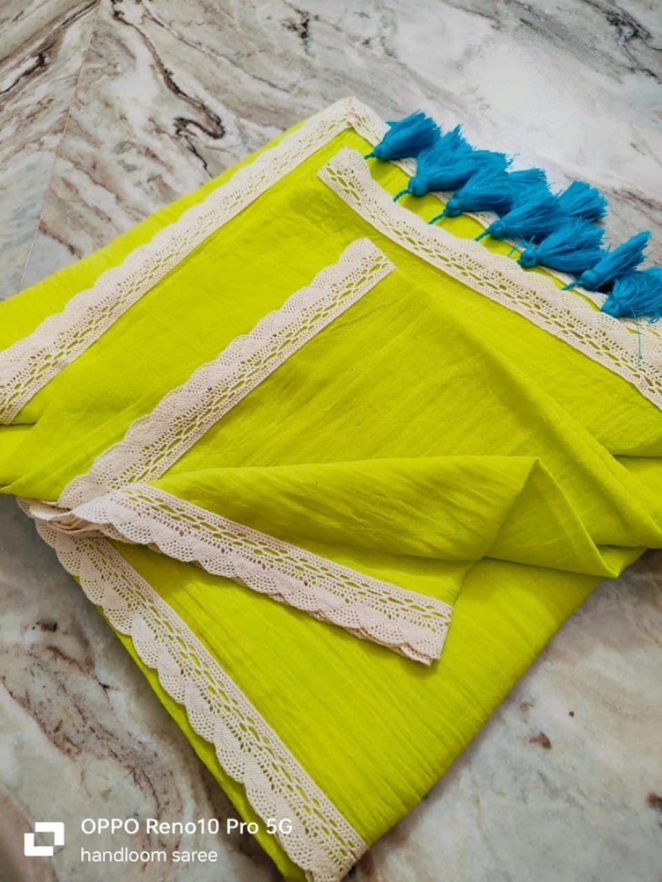 Handcrafted Lime Green Pure 120 Count Mul Cotton Saree with White Lace Border & Blouse Piece