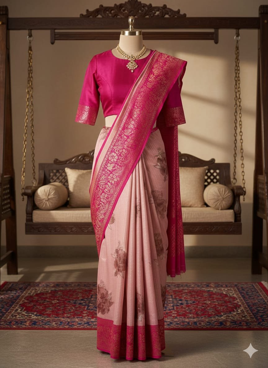 Women Pink Floral Banarasi Silk Saree