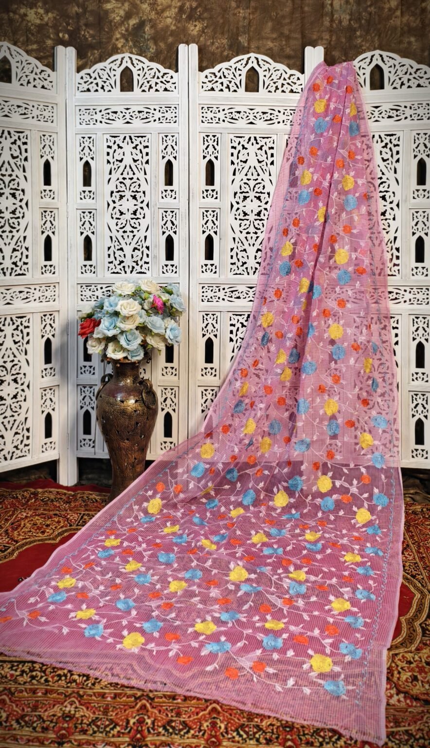 Blush Pink Resham Kota Hand-Embroidered Silk Saree | Vibrant Multicolor Threadwork Saree (No Blouse Piece)