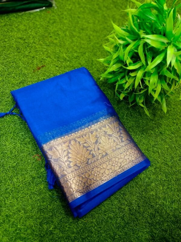Elegant Handcrafted Dark Green Bapta Tussar Mangalgiri Silk Saree with Gold Zari Border & Matching Blouse Piece
