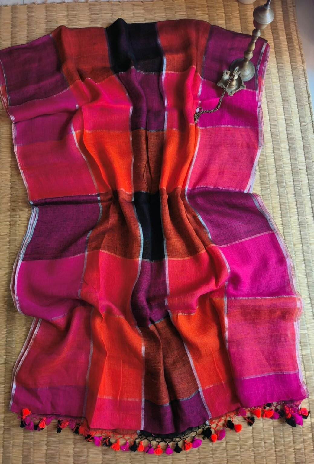 Bold Multicolor Pure Linen Handcrafted Check Saree with Blouse