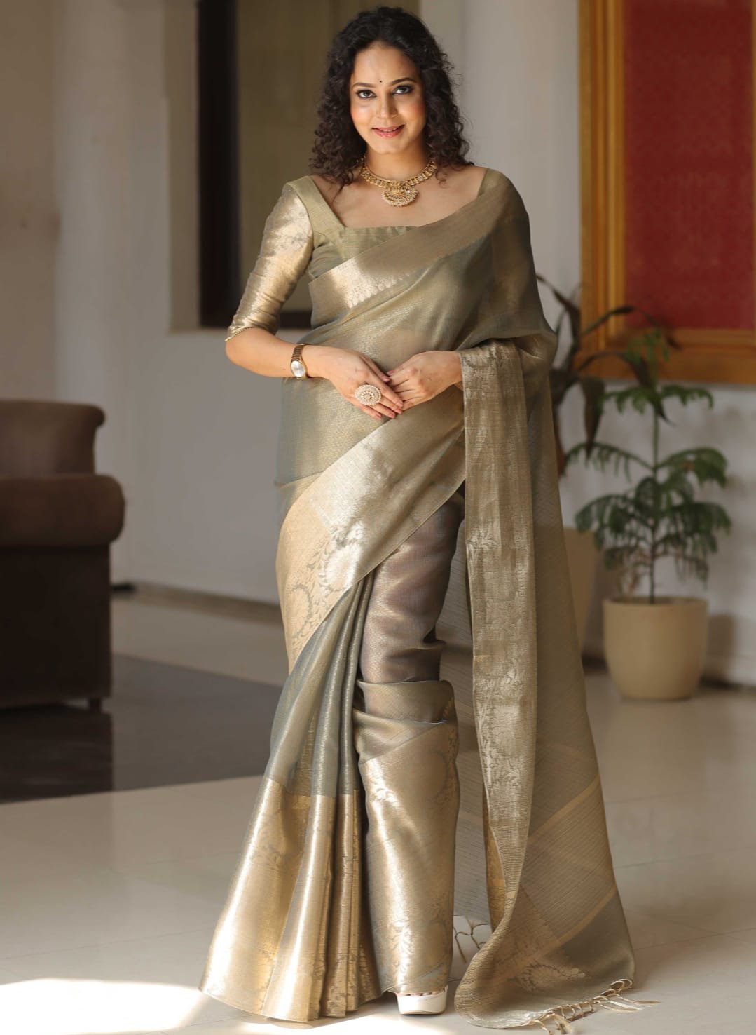 Handcrafted Banarasi Kota Tissue Saree in Light Taupe with Gold Zari