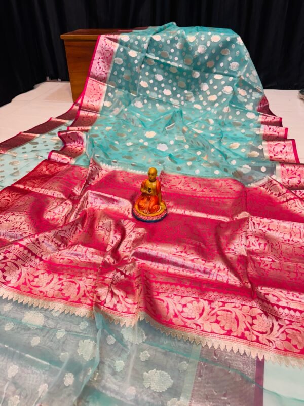 Muslin Organza Saree – Aqua Blue & Rani Pink Contrast