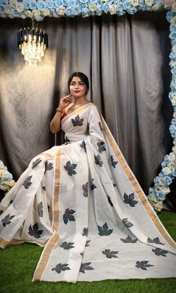 Kerala Cotton Hand-Painted White Saree with Charcoal Leaf Motifs & Gold Border