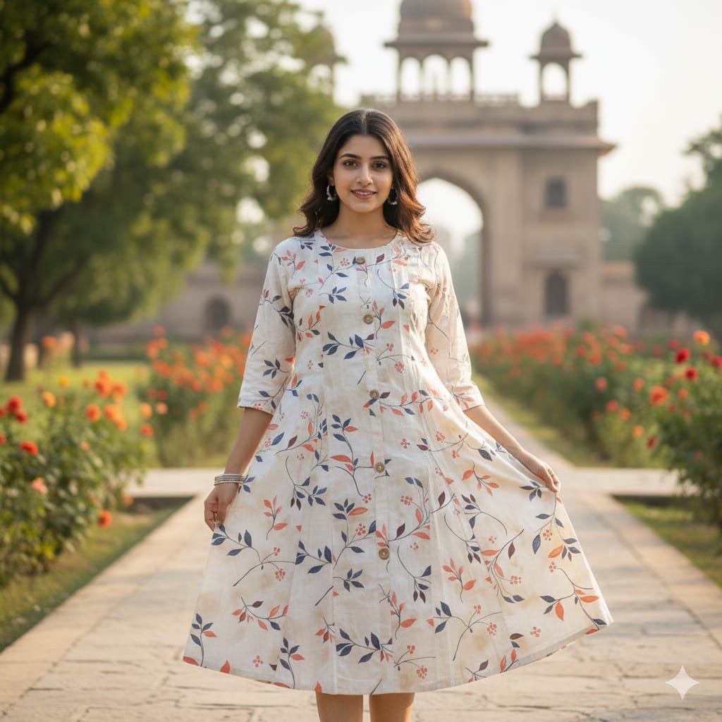 Women's Cream Anarkali Style Kurta | Anarkali Style Printed Border Kurta Dress
