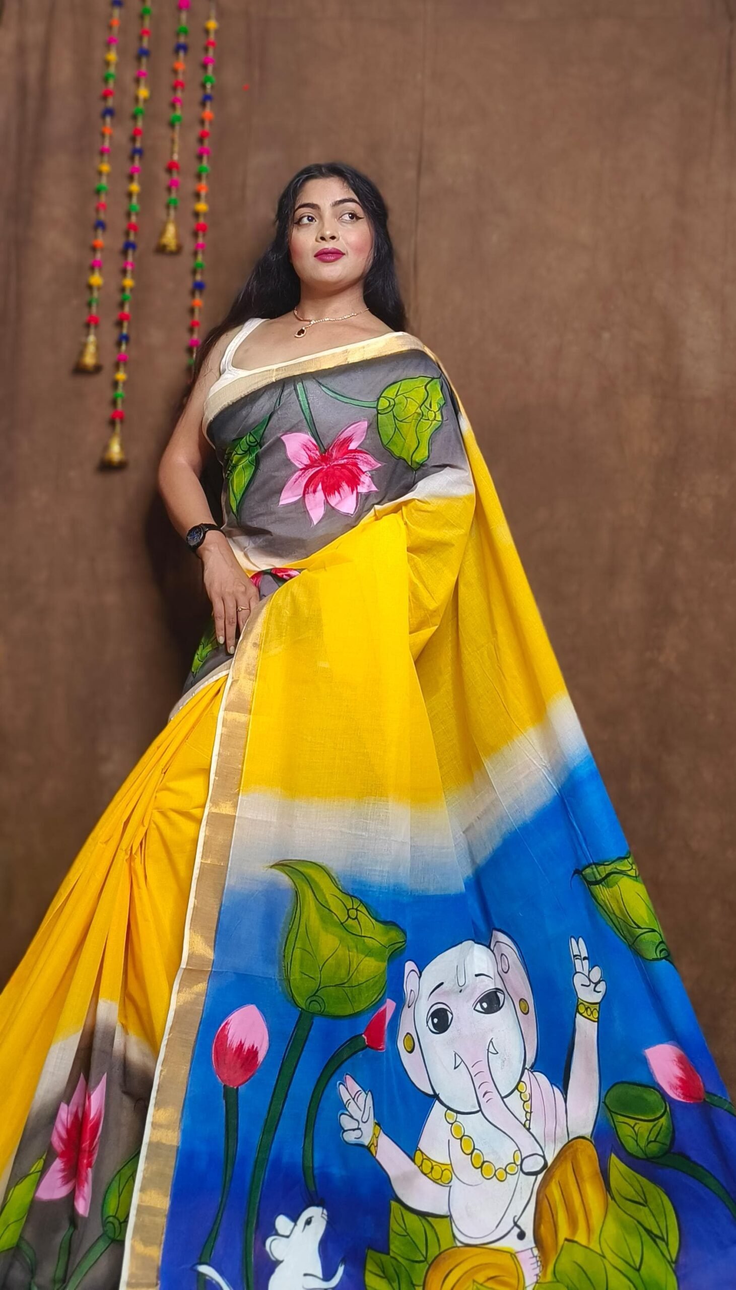 Hand-Painted Kerala Cotton Saree With A Lord Ganesha Motif
