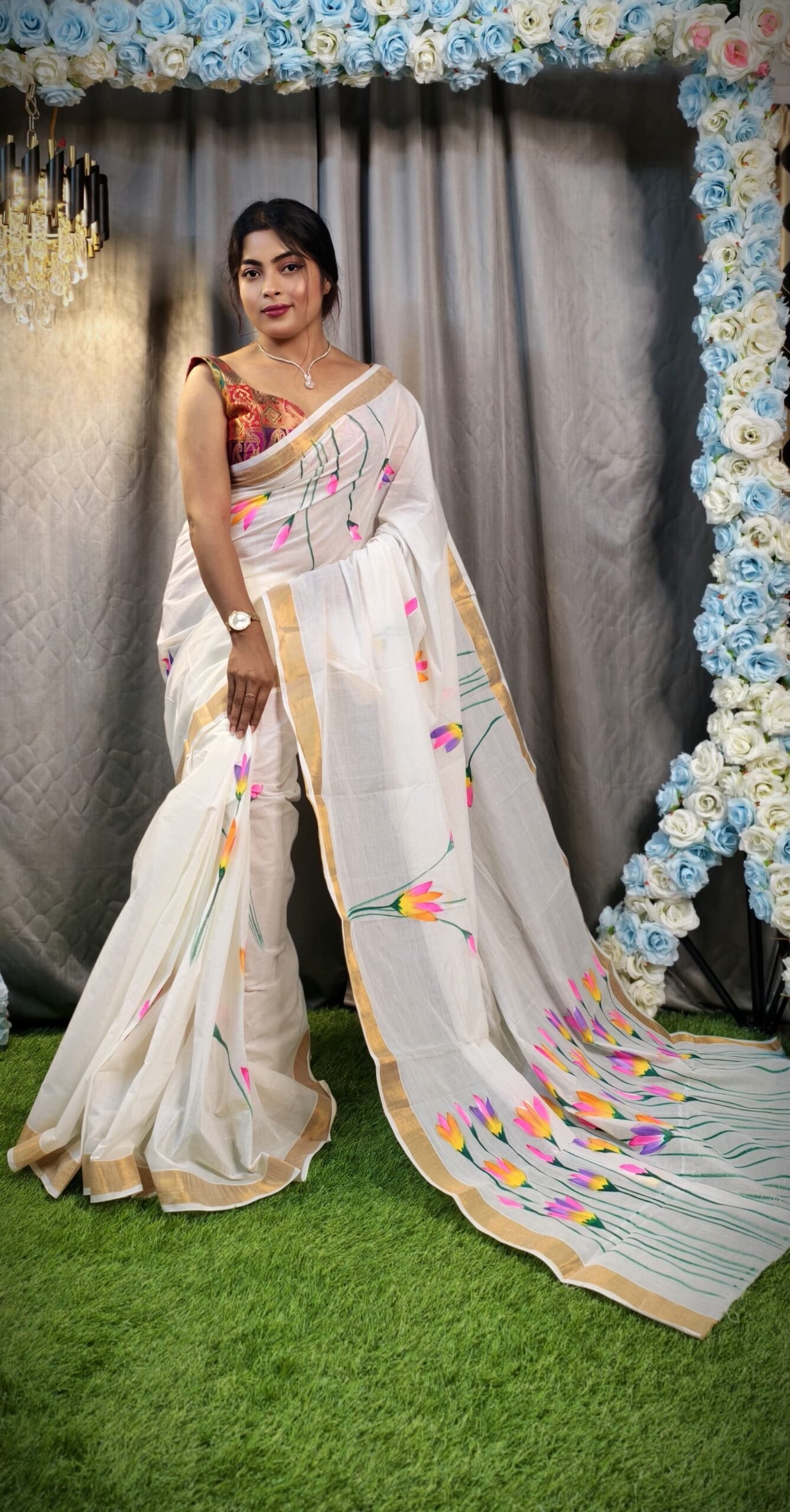 Hand-Painted Off-White Saree with Multicolor Floral Art & Gold Border – Free Size with Blouse Piece