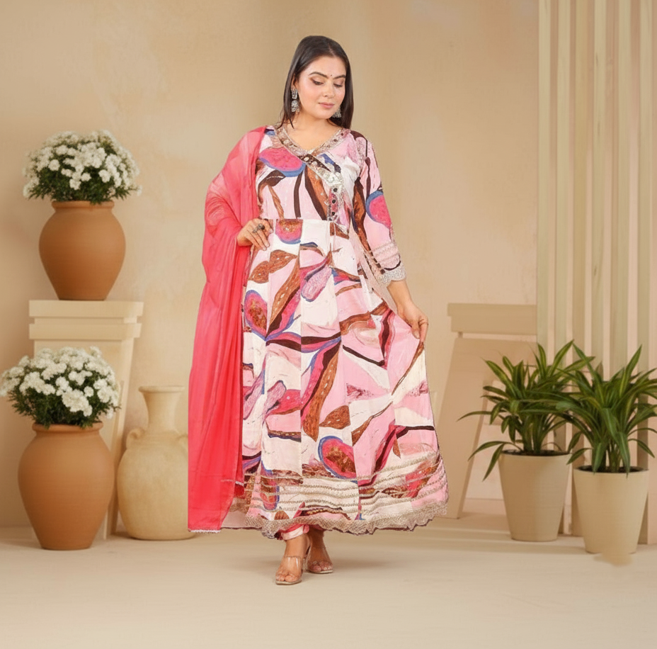 Pink Floral Printed Anarkali Suit Set