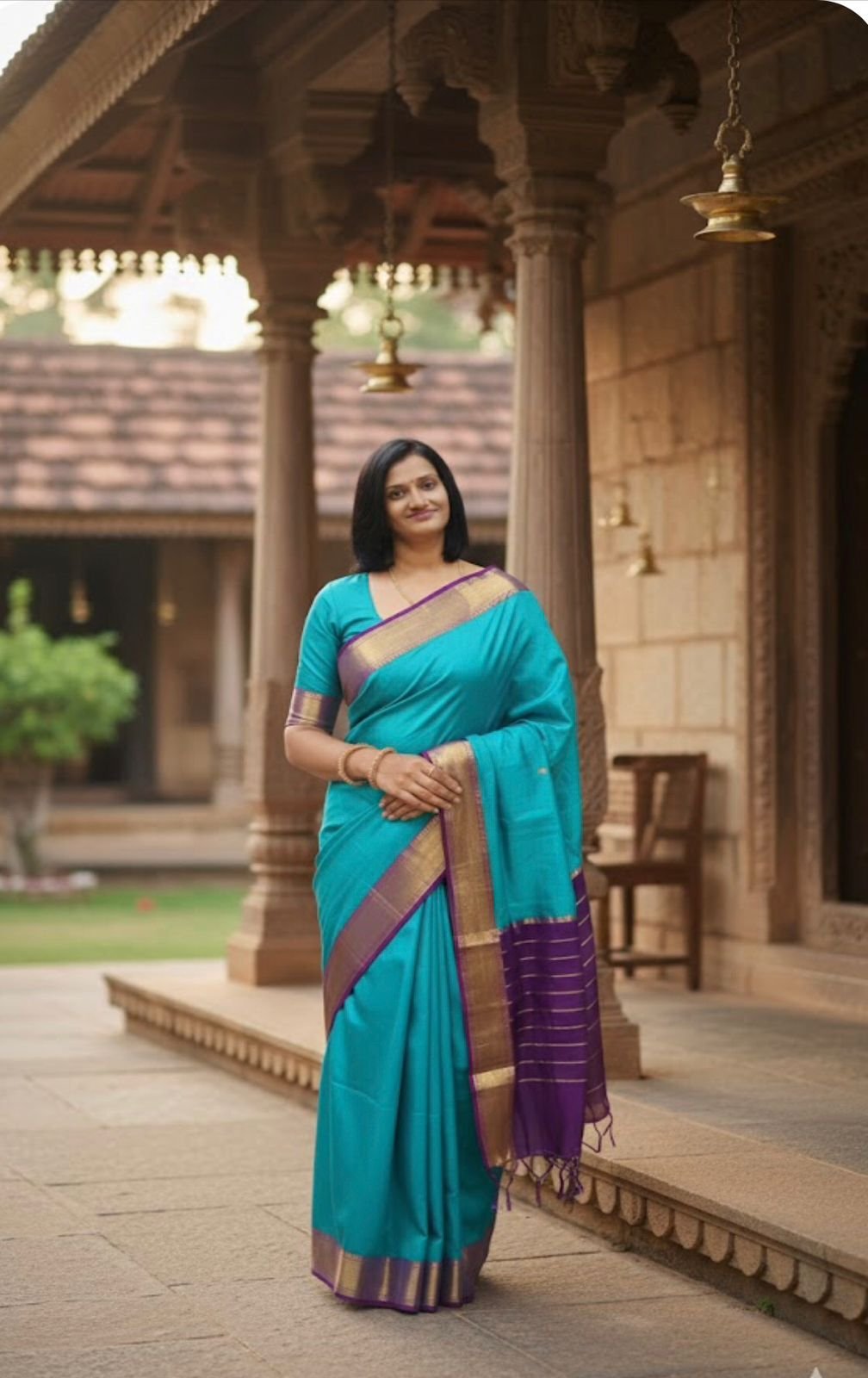 Blue Mysore Silk Saree with Contrast Pallu in Purple