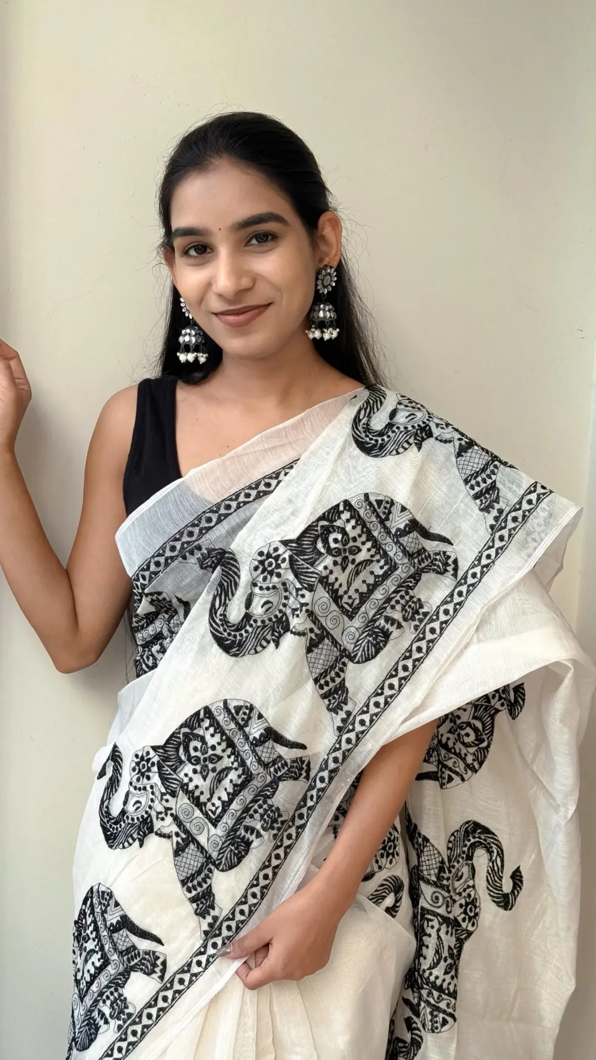 Black & White Elephant Printed Cotton Saree with Blouse Piece