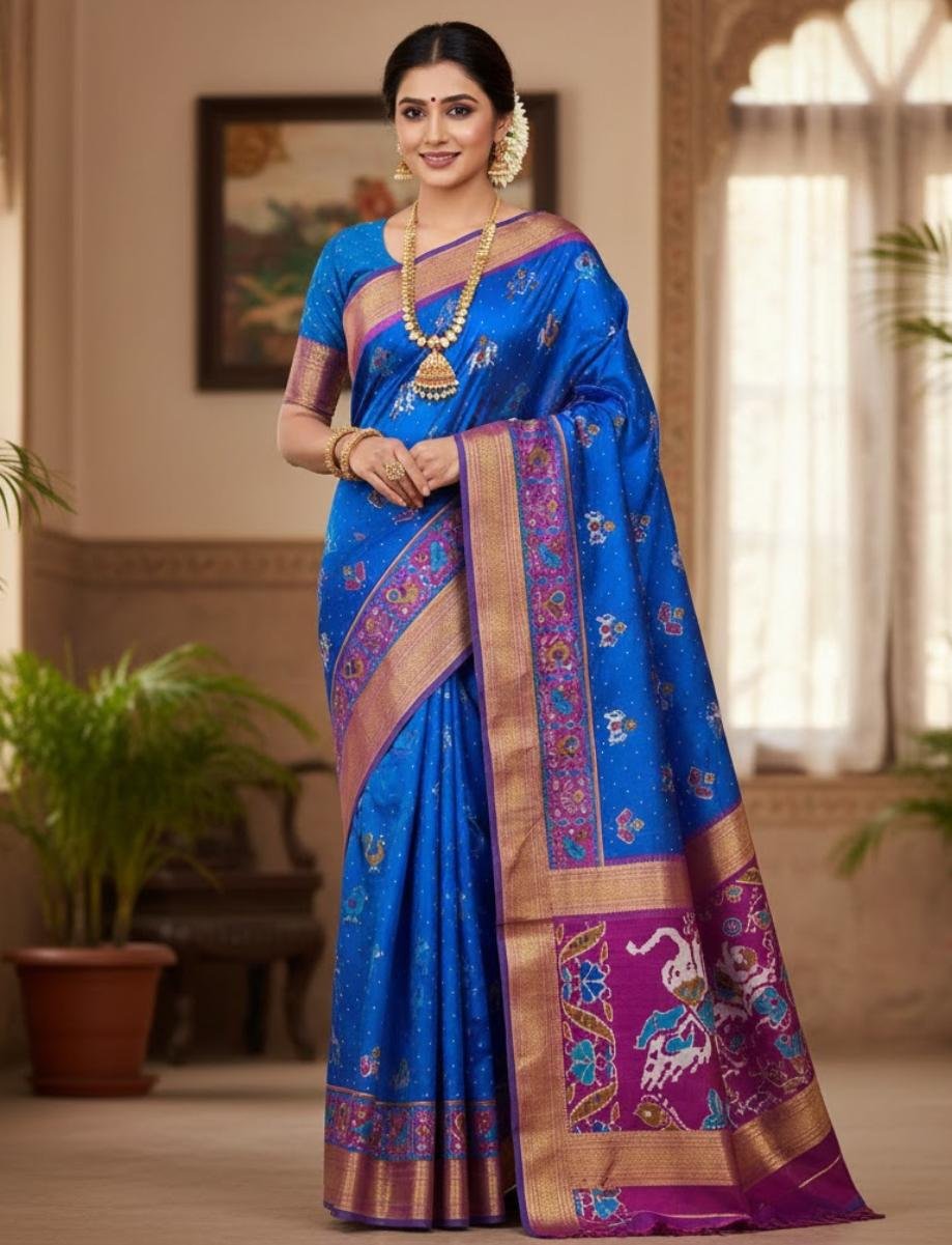 Patola Silk Royal Blue With Pink