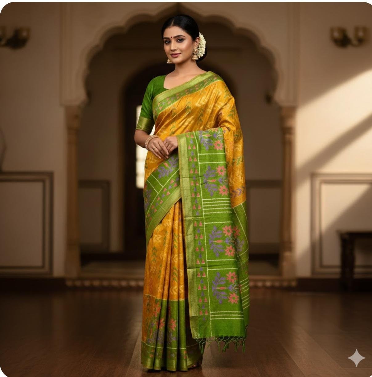 Ikkat SilkYellow Saree with Green Border