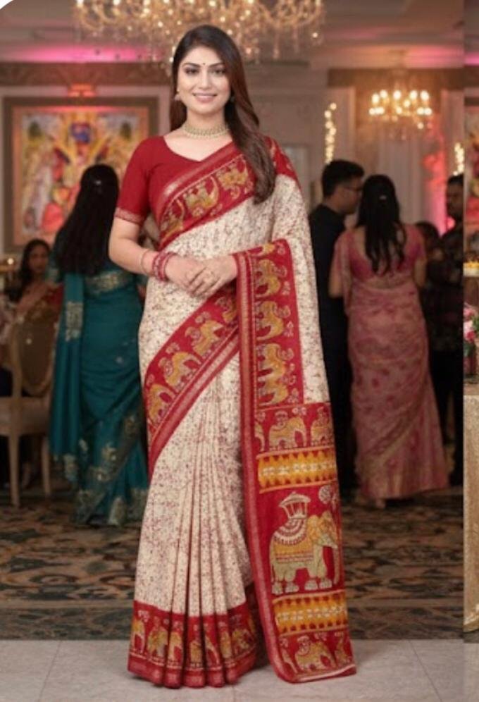 White And Red Saree with Elephant Batik Printed Silk