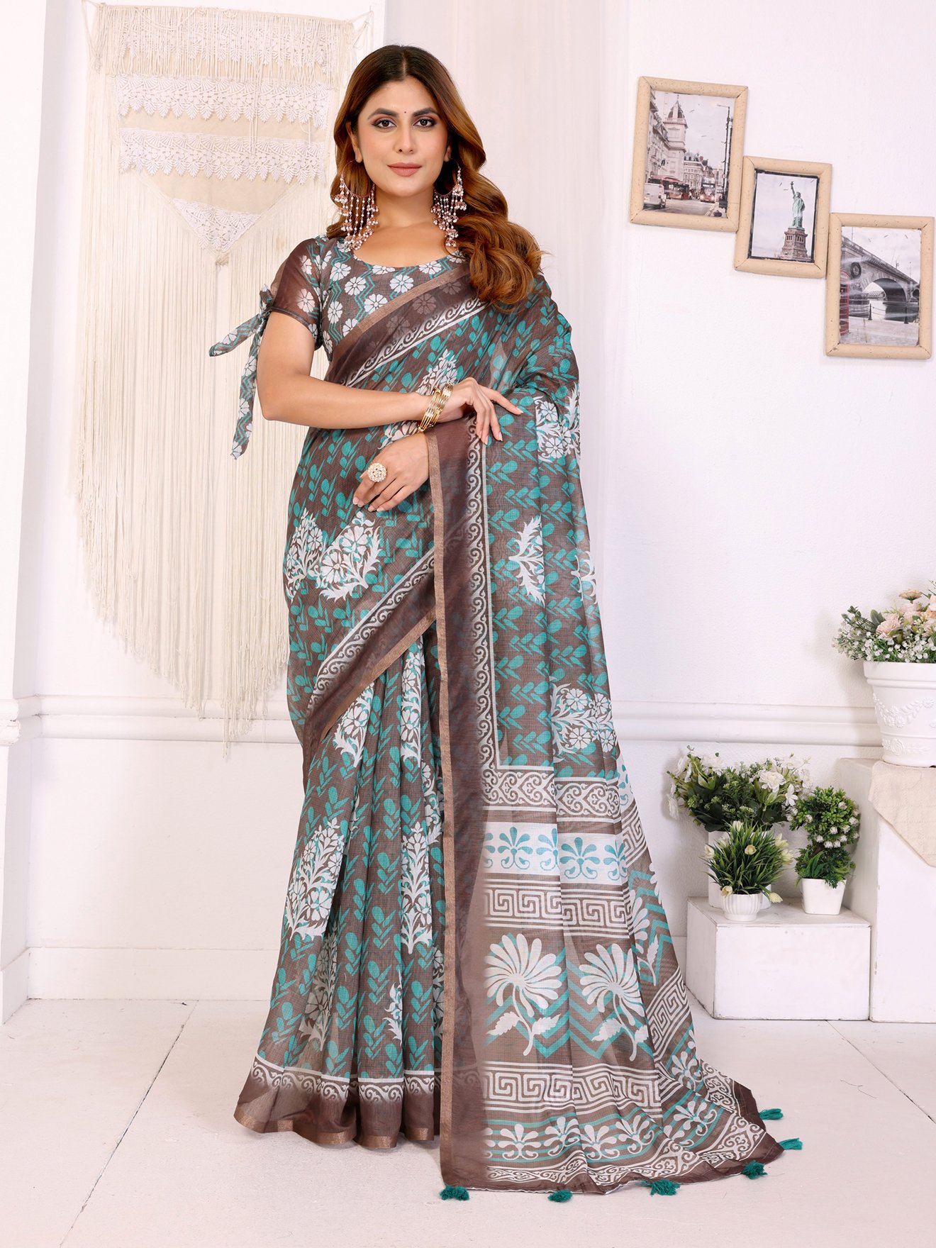 Elegant Coffee Brown Chanderi Digital Print Saree
