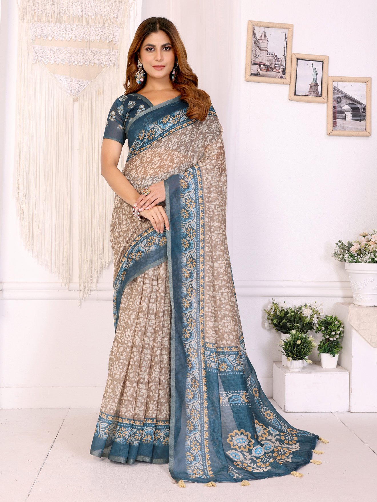 Beige & Teal Ethnic Motif Printed Chanderi Saree
