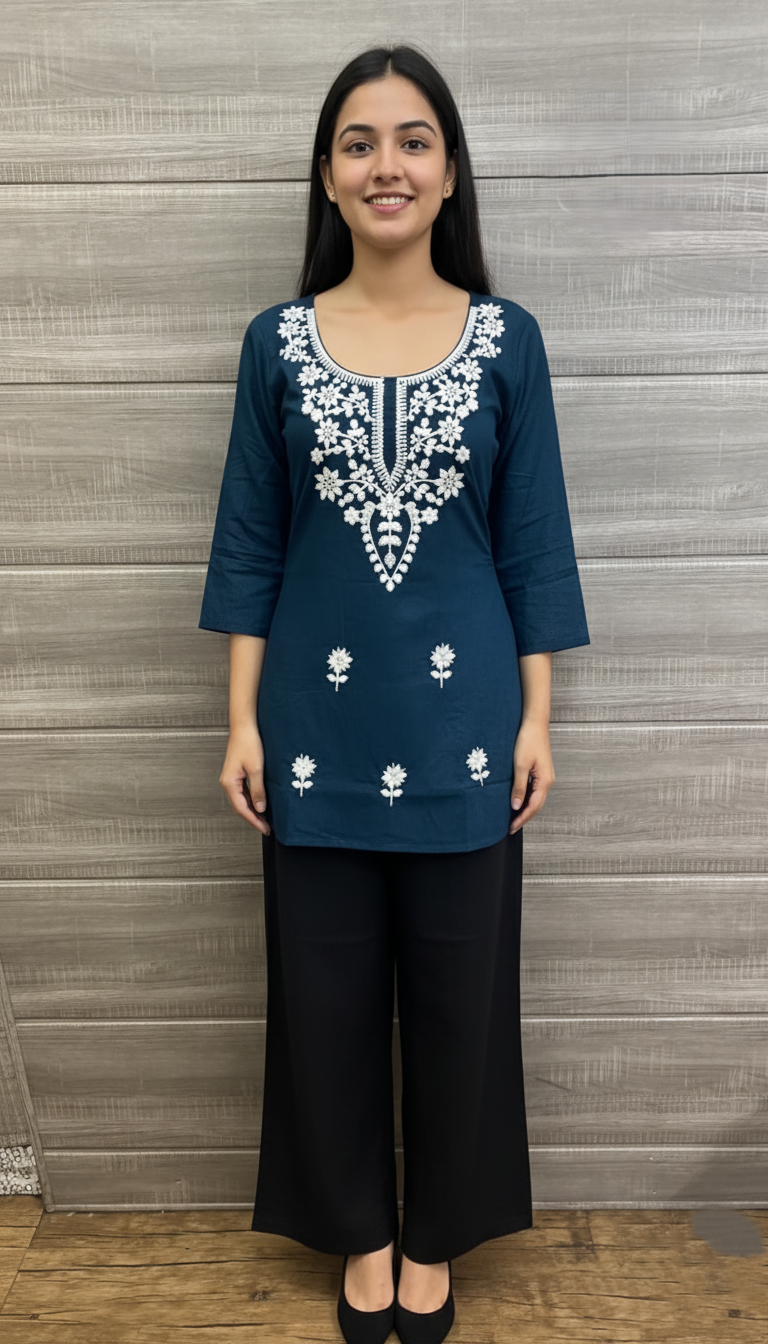 Short Kurti with neck embroidery thread work