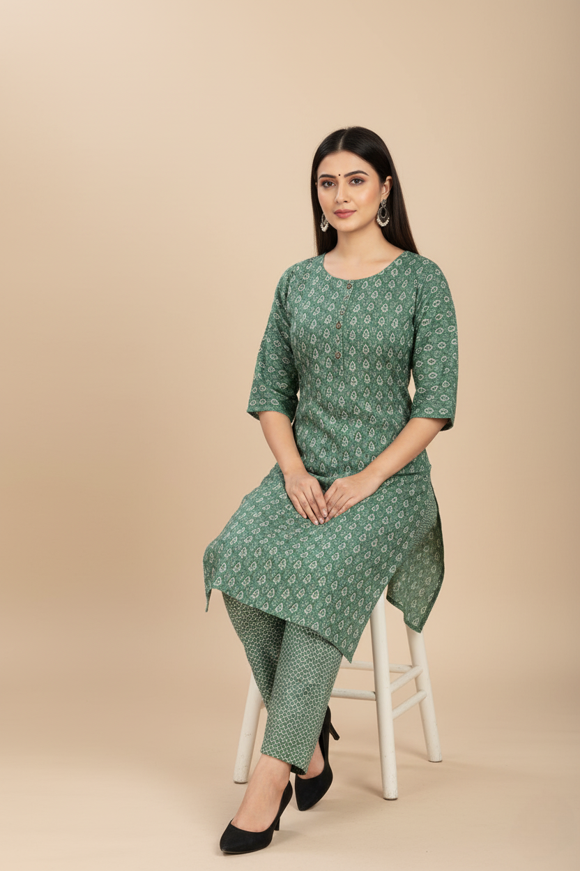 Green Printed Straight Kurti With Bottom For Women