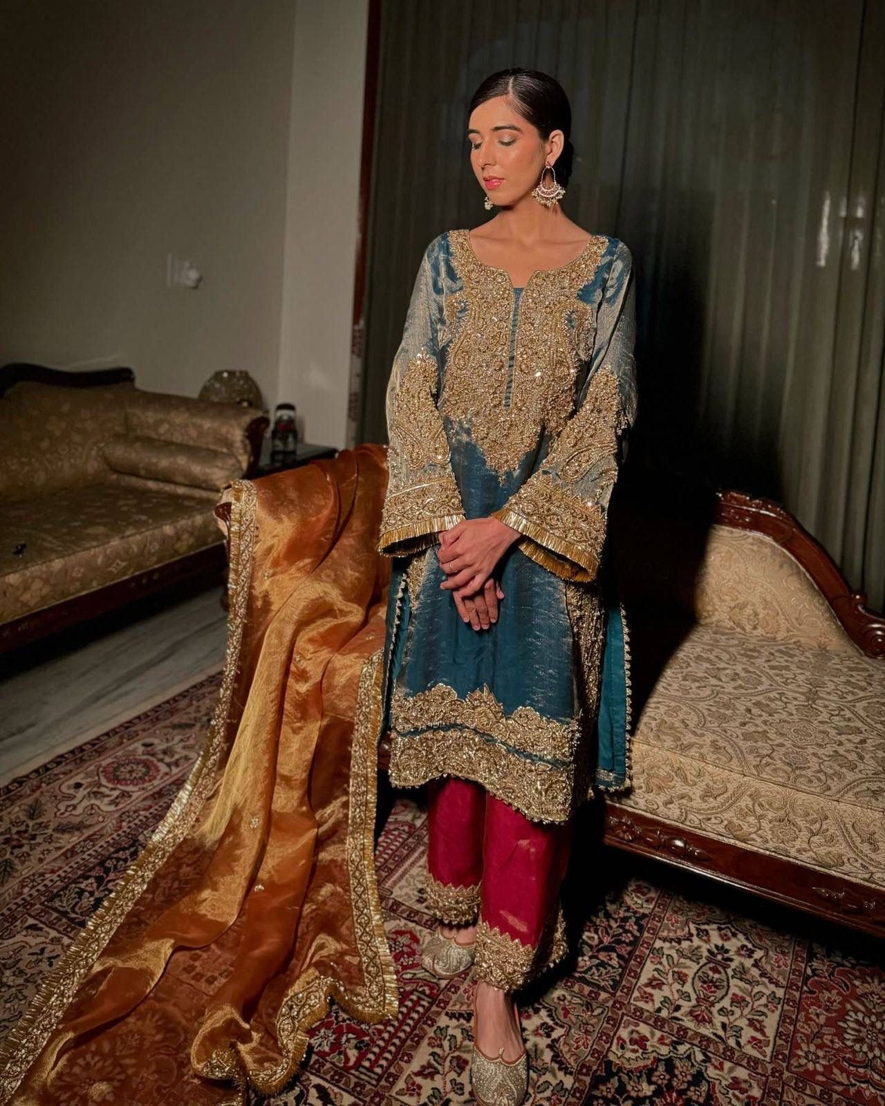 Zari Embroidery Work Designer Party Wear 3 Pc Kurti Pant Dupatta Set