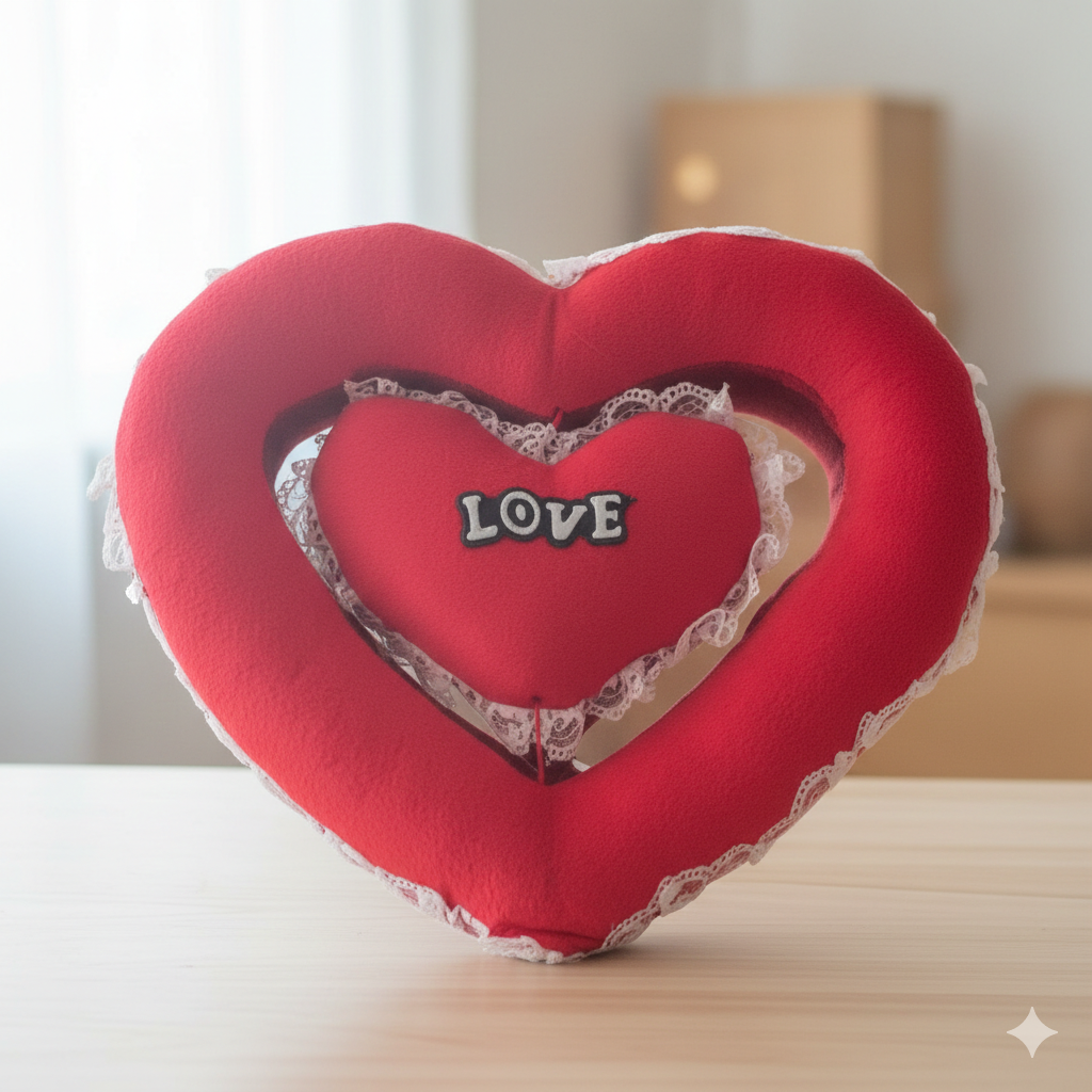 Premium Red Heart-in-Heart Plush Pillow – Romantic Velvet Throw Cushion with White Lace Trim