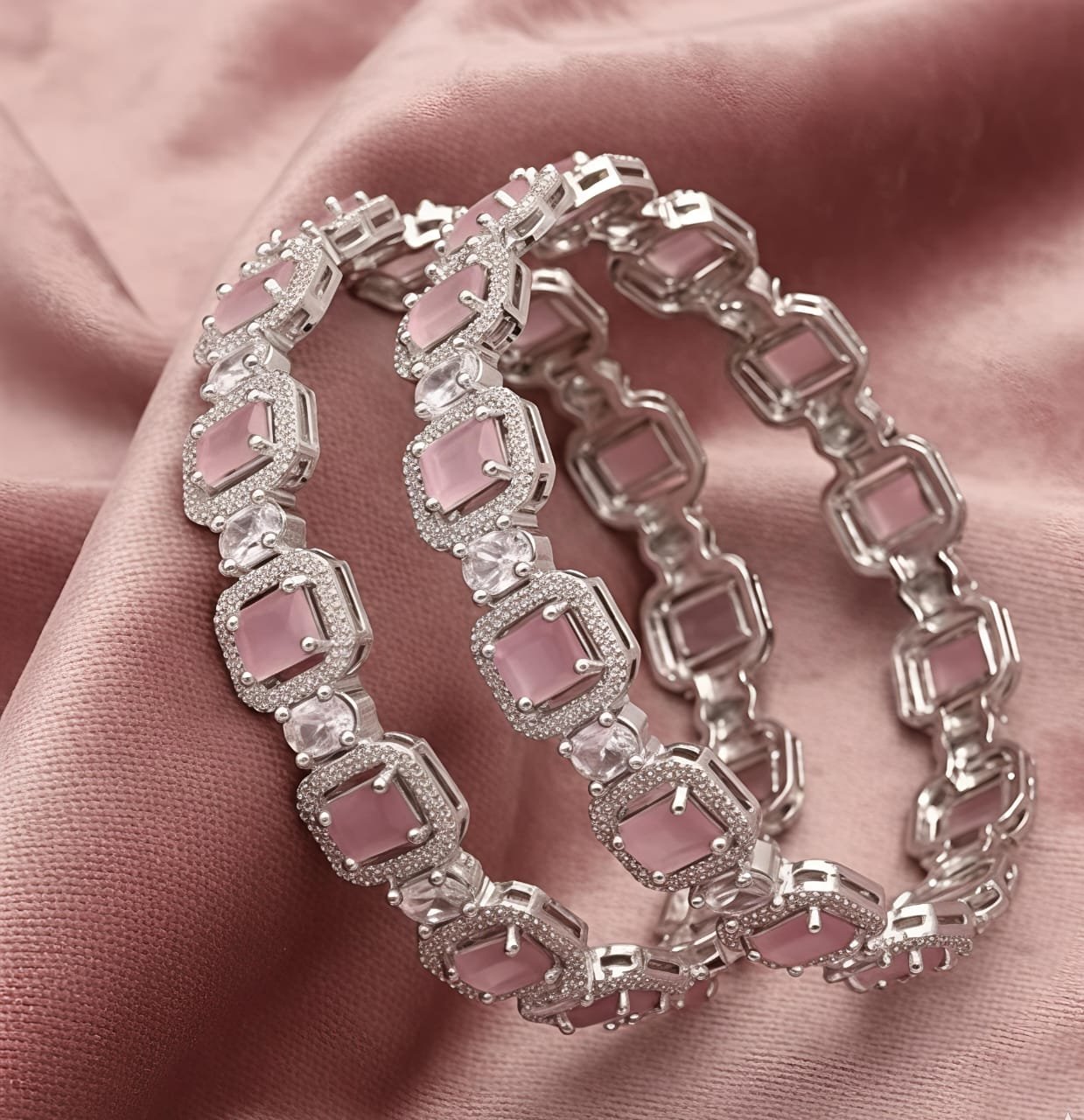 Blush Royale Pink Zircon AD Bangles – Silver Plated (Set of 2) / Rose Blush Pink CZ Diamond Bangles / Soft Rose Crystal AD Bangles / Baby Pink Square-Cut Zircon AD Bangles for Women