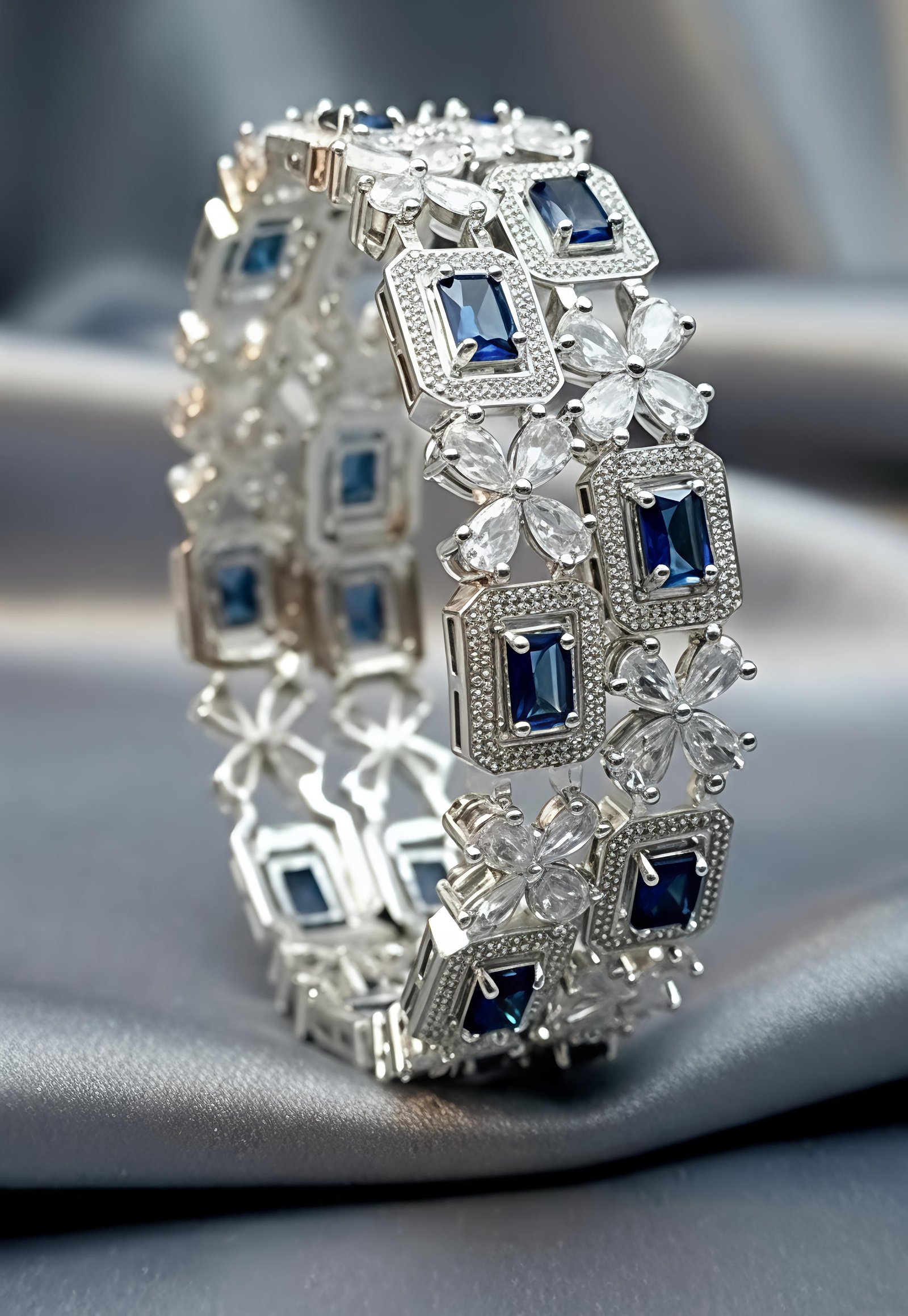 Pink / Blue Royale American Diamond Bangles – Silver Finish (Set of 2) / Blush Flower pink / Royal Blue CZ Diamond Bangles / Bollywood Bride Pink Bloom Bangles / Royal Blue Crystal Stone / Floral Pink American Diamond Bangles for Women – Silver Plated Cub