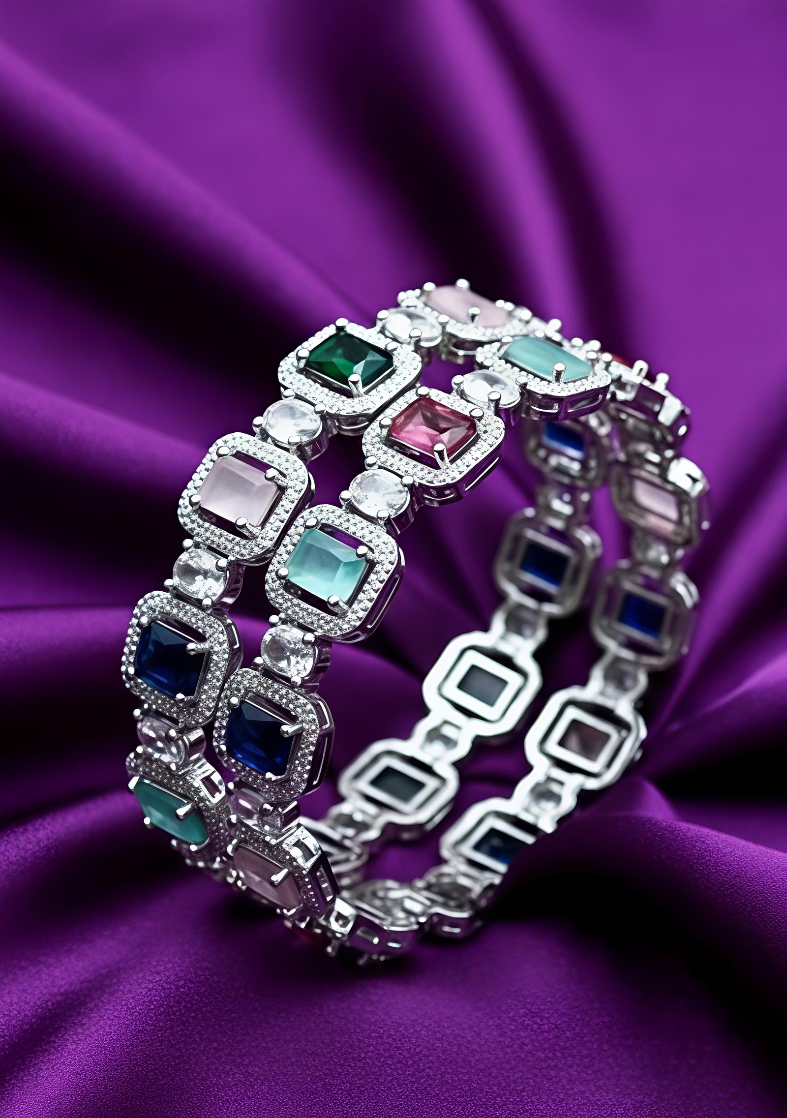 Royal Spectrum American Diamond Bangles – Multicolor (Set of 2) / Bollywood Glow Multistone AD Bangles / Maharani Multicolor CZ Bangles / Rainbow Prism American Diamond Bangles / Imperial Multi stone Bridal Bangles