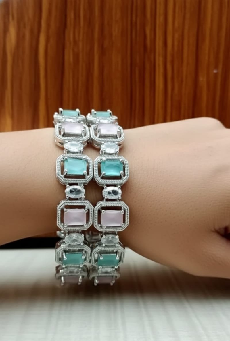 Rose & Mint Royale American Diamond Bangles – Silver Plated (Set of 2) / Royal Duo Stone CZ Bangles / Mint Rose Sparkle Bangles /  Stone Studded American Diamond Bangles for Women – Silver Plated (Set of 2)