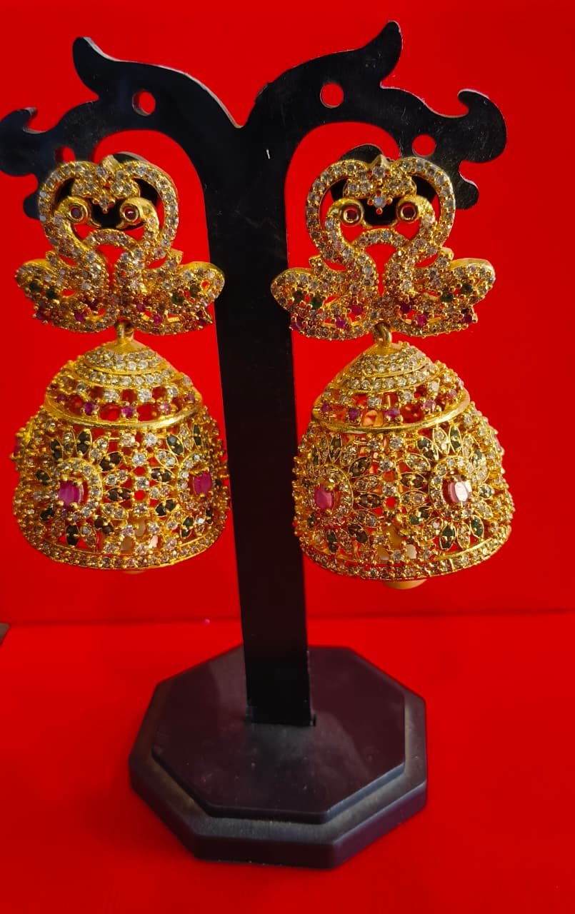 Temple Gold Peacock Jhumka Earrings | Bridal Temple Gold Jhumka Earrings