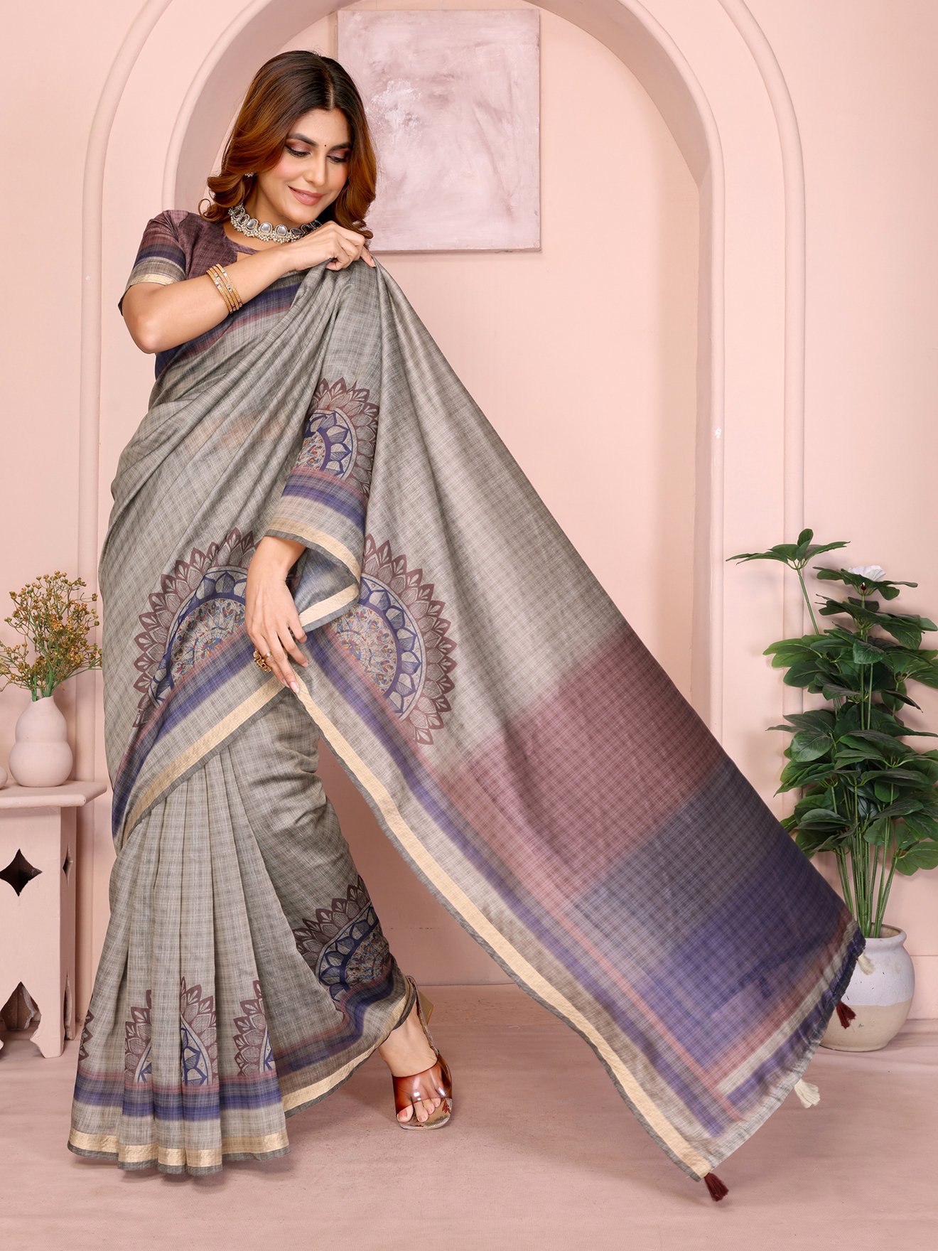 Grey Checked Black Chanderi Saree