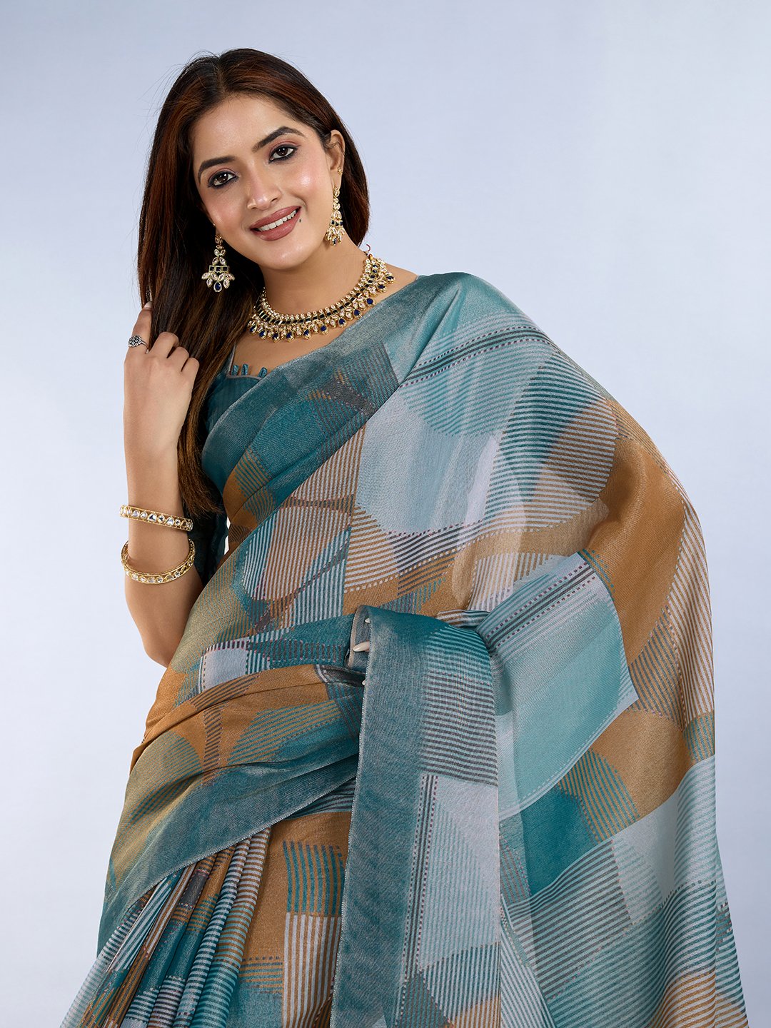 Teal Geometric Printed Saree