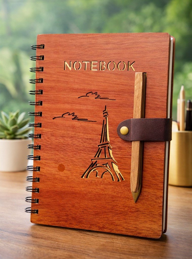 Wooden Cover Diary Notebook – Engraved Spiral Journal with Pen Holder