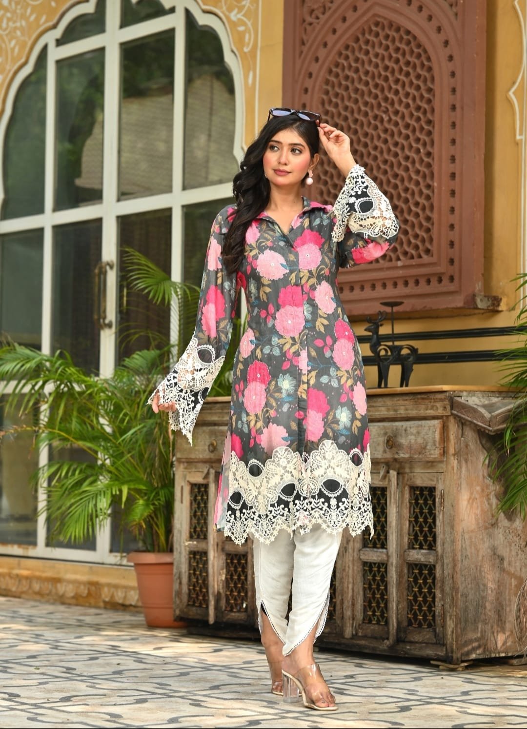 Abstract Floral Printed Embroidered Straight Fit Kurta with Dhoti Pant - Multi
